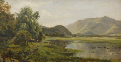 19thC Scottish School. Calm stream and cattle before hills and mountain landscape, oil on canvas, unsigned, 26cm x 47cm - pair.