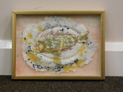 •Sonia Hayworth A.R.C.A. (20thC). Fish on a dish, mixed media collage, attributed verso, 22cm x 24cm. - 2