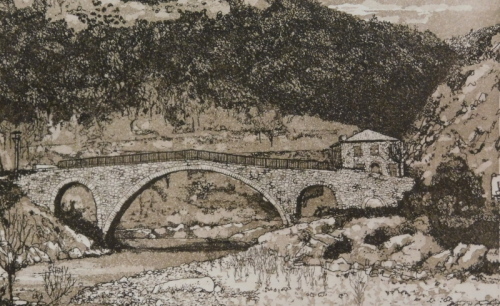 •Robbie (20thC). Bridge and trees, artist signed limited edition etching, 21/85, 10cm x 15cm.