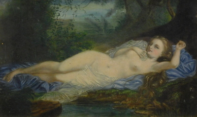 19thC English School. Reclining nude, female aside a stream in a forest landscape, oil, unsigned, 16cm x 26cm. Label verso Gladwell Brothers, Fenchurch Street, London.