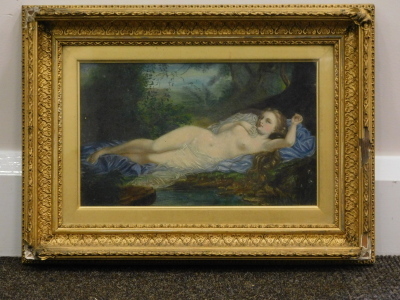 19thC English School. Reclining nude, female aside a stream in a forest landscape, oil, unsigned, 16cm x 26cm. Label verso Gladwell Brothers, Fenchurch Street, London. - 2