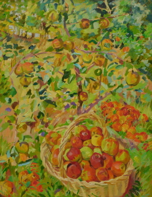 •Mary Martin (b.1951). Basket of apples in orchard, oil on board,signed and dated (19)89, 55cm x 45cm. Label verso Maxwells Gallery, Windsor.