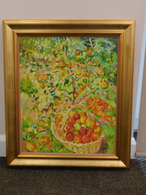 •Mary Martin (b.1951). Basket of apples in orchard, oil on board,signed and dated (19)89, 55cm x 45cm. Label verso Maxwells Gallery, Windsor. - 2