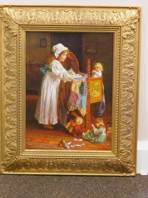 •Jonathan Guiness (20thC). Child aside cot, oil on panel, signed, 37cm x 29cm. - 2