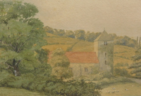 19thC English School. Church in a country landscape, watercolour, unsigned, 16cm x 22cm.