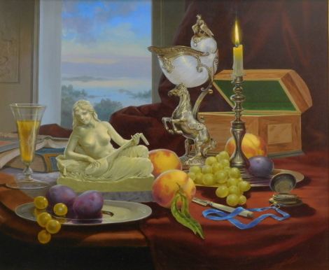 •Gyula Boros (b.1950 Hungary). Still life, statues and fruit before an open window with mountains and clouds gathering in the distance, oil on panel, signed, 51cm x 59cm.