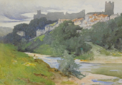 Rudd (19thC School). Figure before stream with castle and buildings in the distance, watercolour, signed, 24cm x 36cm.