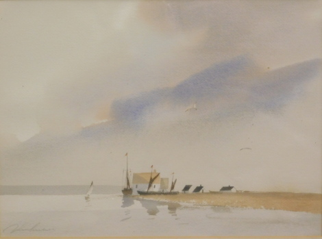 •20thC English School. Seascape shoreline with buildings and boats drying sails on a summer's day, watercolour, indistinctly signed, 27cm x 37cm.