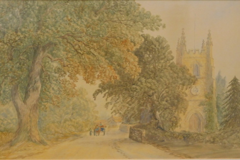 19thC English School. Figure on a horse and cart aside a lady on tree lined path with church to the side, watercolour, unsigned, 36cm x 57cm.