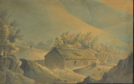 19thC English School. Cottage before trees and hills, watercolour on glass, 26cm x 35cm, and another - pair.