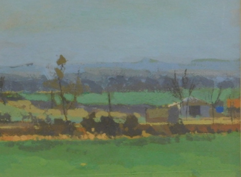 •G. Humphrey (fl. 1983). Fields and barn with hills in the distance, gouache, attributed verso, 9cm x 11cm.