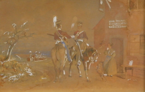 Manner of Charles Johnson Payne (Snaffles). Soldiers on horseback before John Philpott Bar, mixed media, unsigned, 28cm x 43cm.