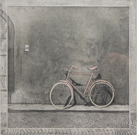 •Robbie (20thC). 68 bicycle, artist signed, limited edition etching, 13/50, 29cm x 29cm.