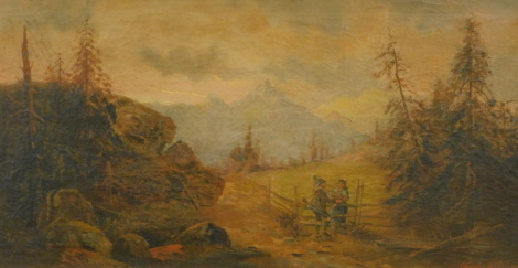 Charles Duval (fl.1891). Figures and stile before trees and mountains, oil on canvas, signed and dated, 32cm x 59cm.