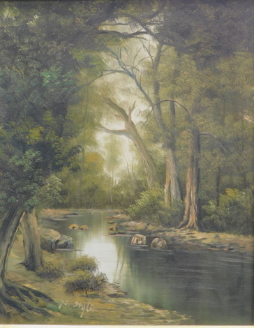 •N. Style (20thC School). Tree lined river landscape, oil on canvas, signed, 49cm x 38cm.