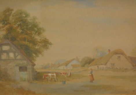 Henry Hilton (fl.1880-1888). Figure feeding calves before cottage, trees and further cottages on a summer's day, watercolour, signed, 55cm x 77cm.