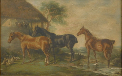 •20thC School. Horses and stream before thatched barn, oil on canvas, indistinctly signed, 41cm x 62cm.