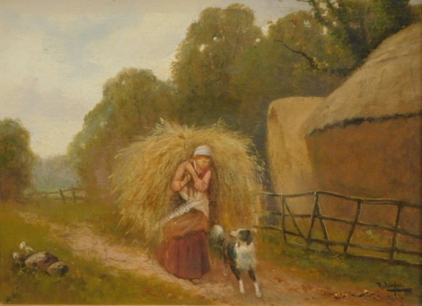 R. Douglas (19thC English School). Farmhand carrying hay aside dog on a path, oil on canvas, signed, 31cm x 40cm.