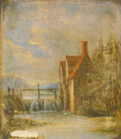 •Manner of Muirhead Bone. Watermill on a summer day, oil on board, unsigned, 13cm x 12cm.