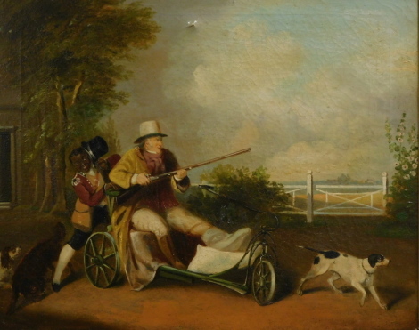 •19thC English School. Huntsman being pushed in three wheeled bogie with leg in plaster holding rifle with gundogs before trees with clouds gathering, oil on canvas, unsigned, 52cm x 61cm.