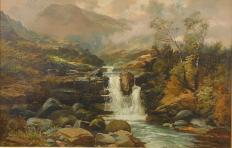 •Clarence Roe (1850-1909). Highland scene, flowing stream before hills with clouds gathering, oil on canvas, signed, 62cm x 92cm.