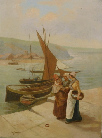 •R. Douglas (20thC). Figures before wood boat and hills on a summers day, oil on canvas, signed, 41cm x 31cm.