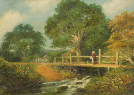 •19thC School. Figure on a bridge before cottage and trees, oil on canvas, unsigned, 19cm x 24cm, and another figure on a bridge - pair.