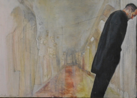 •Matthew Burns (20thC). Figure in a corridor, mixed media, signed and dated (19)99, 63cm x 89cm.