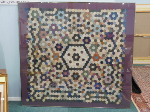 •20thC School. Geometric scrap quilt collage, floral pattern, glazed and framed, 112cm x 109cm.