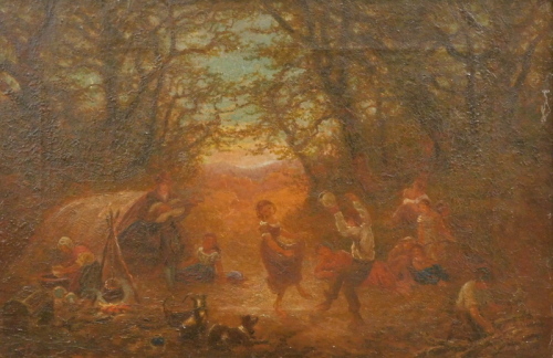 •Laura Fiddler (1856-1935). Gypsy encampment, oil on canvas, signed, 38cm x 57cm.