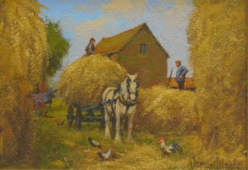 •James Wright (b.1935). Figures stacking hay on a horse driven cart, oil on board, signed, 13cm x 17cm.