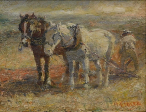 •Harry Fidler (1856-1935). Figure and horses ploughing, oil on canvas, signed, 32cm x 39cm.