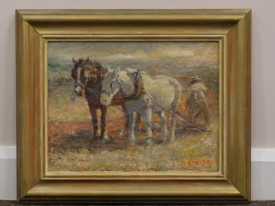 •Harry Fidler (1856-1935). Figure and horses ploughing, oil on canvas, signed, 32cm x 39cm. - 2