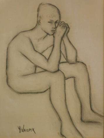 •De Lacroix. Nude study male seated, signed, Lanson stamped paper, mixed media, 64cm x 47cm. Label verso Gallery Le Chapelin.