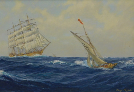 •Jenny Morgan (20thC). Meeting the Ships Plying for Trade, oil on canvas, signed, 55cm x 75cm.