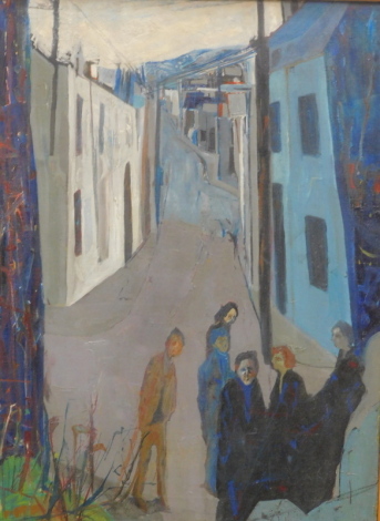 •British School. Street scene, figures on a path, oil on canvas, 60cm x 44cm. Label verso Rowan Gallery.