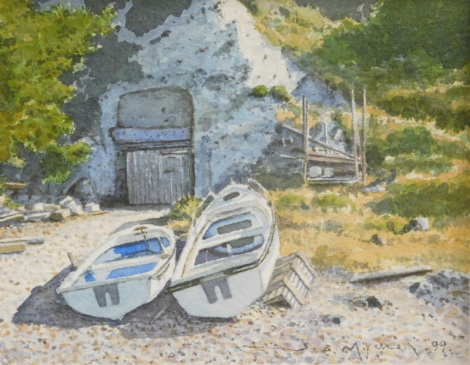 •G. Mitchell. Boathouse and rowing boats, watercolour, signed and dated (19)99, 13cm x 17cm and another Continental house overlooking sea - pair.