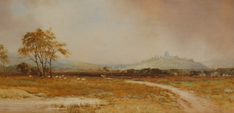 •Elizabeth H. Martin (exh. 1886-1901). Landscape with castle in the distance, watercolour, signed, with label attribution, 24cm x 43cm and another landscape, sheep before hills and trees - pair.