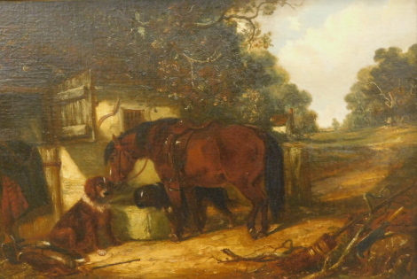 •Thomas Smythe (1825-1907). Open stable with horse and dog before trees on a summers day, oil on board, attributed, unsigned, 40cm x 62cm.