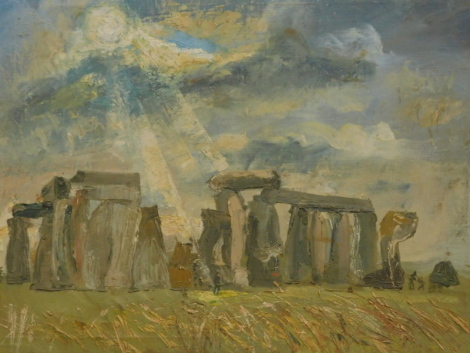 •Betty Rawlent (20thC). Stonehenge, Wiltshire, oil on canvas, inscribed verso, 41cm x 56cm and another Ruler of the Roost, unsigned by the same hand (2).