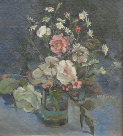 •Albert Norman (20thC). White roses, still life, oil on board, signed, label verso, 32cm x 35cm.