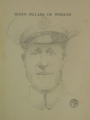 •20thC School. Portrait of T.E. Lawrence (of Arabia), unsigned, on the fly leaf of the Seven Pillars of Wisdom, Jonathan Cape published in 1935, 26cm.