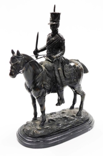 After John Rattenbury Skeaping (1901-1980). A French Hussar on horseback, bronze, on an oval marble base, signed, 40cm high. (base AF)