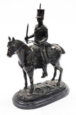 After John Rattenbury Skeaping (1901-1980). A French Hussar on horseback, bronze, on an oval marble base, signed, 40cm high. (base AF)