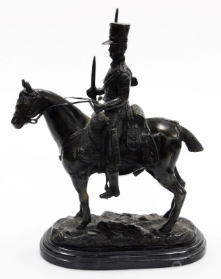 After John Rattenbury Skeaping (1901-1980). A French Hussar on horseback, bronze, on an oval marble base, signed, 40cm high. (base AF) - 2