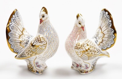 A pair of Royal Crown Derby Golden Jubilee Doves porcelain paperweights, commissioned by Goviers of Sidmouth, limited edition number 89/500, with gold stopper and gold printed marks to underside, 16cm high, boxed, with certificate. - 2