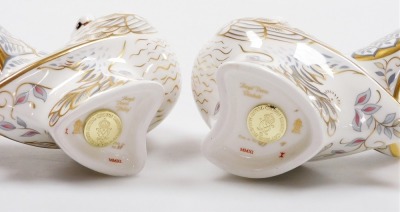 A pair of Royal Crown Derby Golden Jubilee Doves porcelain paperweights, commissioned by Goviers of Sidmouth, limited edition number 89/500, with gold stopper and gold printed marks to underside, 16cm high, boxed, with certificate. - 4