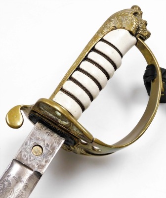 A Naval dress sword, with simulated shagreen handle bound with brass wire, the guard stamped with an anchor, the leather scabbard mounted with engraved brass scabbard, 97cm long. (AF) - 3