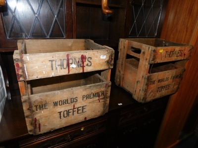 A pair of pine toffee boxes stamped 'Thornes The World's Premier Toffee'.