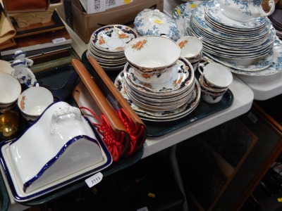 Various ceramics and effects, teacups, wooden wall art, blue and white teapot and cover, part teawares, Doulton Burslam dinner plates, gravy boat, meat plate, etc. (2 trays and a quantity)